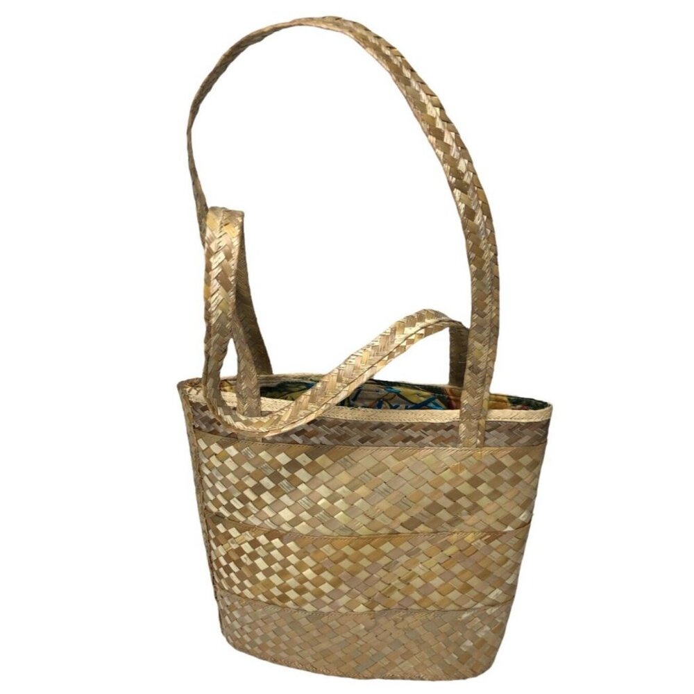 Bahamas Handwoven Straw Tote Bag Purse Floral Flip Flops Beads Lined Cruise Vtg - Picture 2 of 8